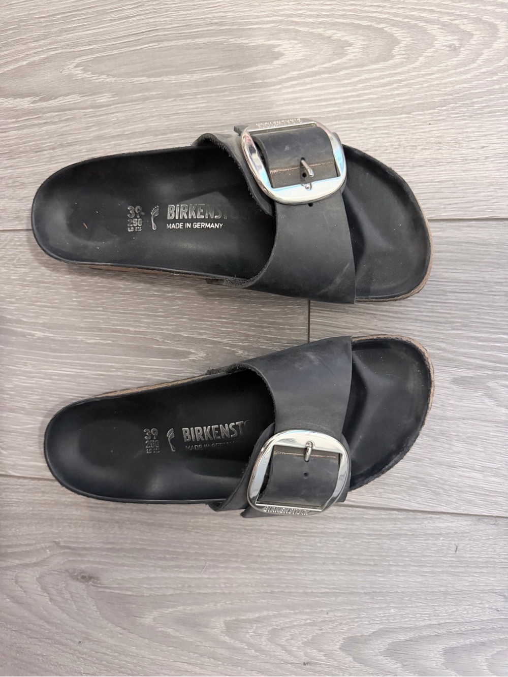 Birkenstock Black Single Strap Slide Sandals with Silver Buckles